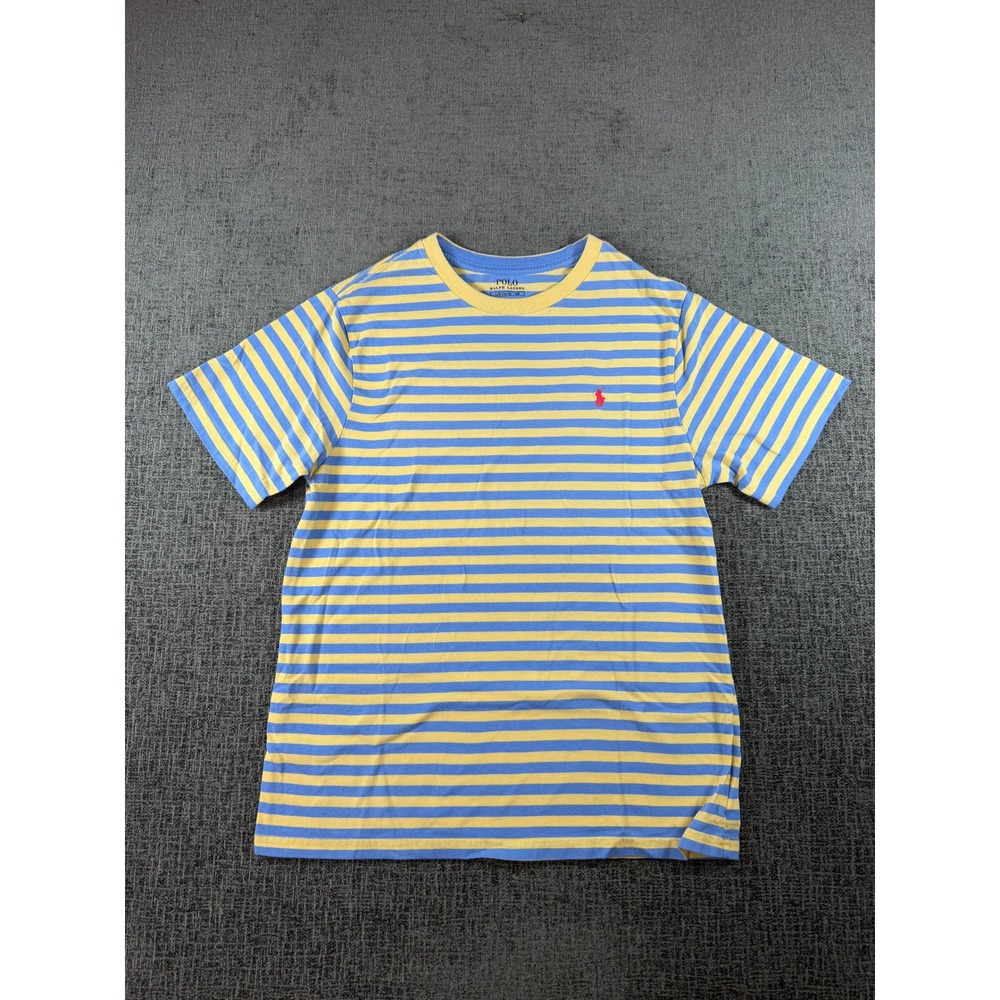 Polo Ralph Lauren Kids Large 14-16 Striped T-Shirt Yellow Blue Pony Logo 0366